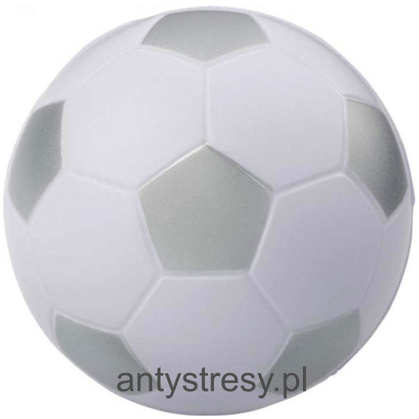 srebrna futbolowa piłeczka antystresowa reklamowa. Średnica 63 mm
